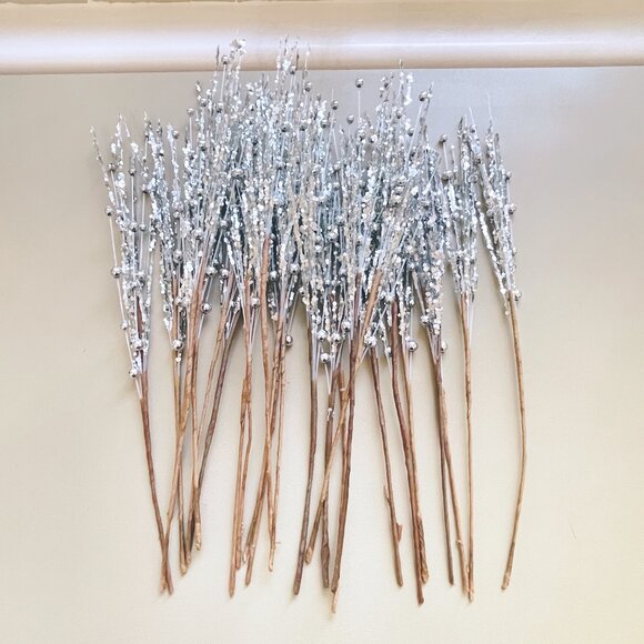 Other - Sprays Stems Picks Silver Glitter Beaded 12" Faux Floral Tree Craft Set of 25